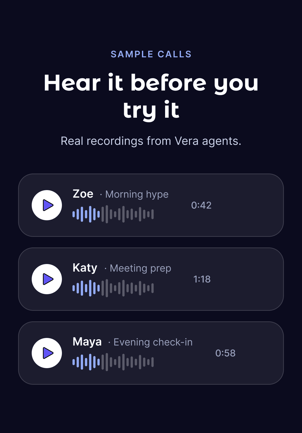 Vera mobile app agent samples screen