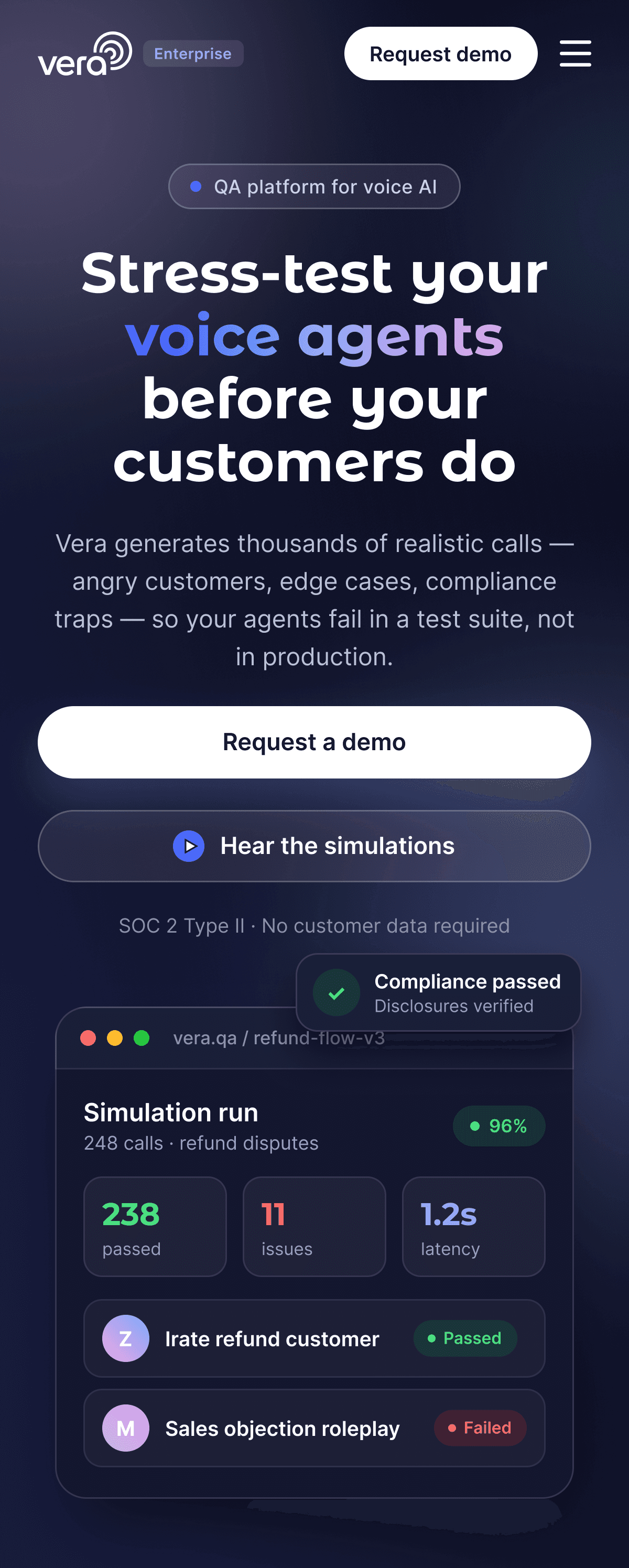 Vera enterprise mobile home screen for voice agent testing