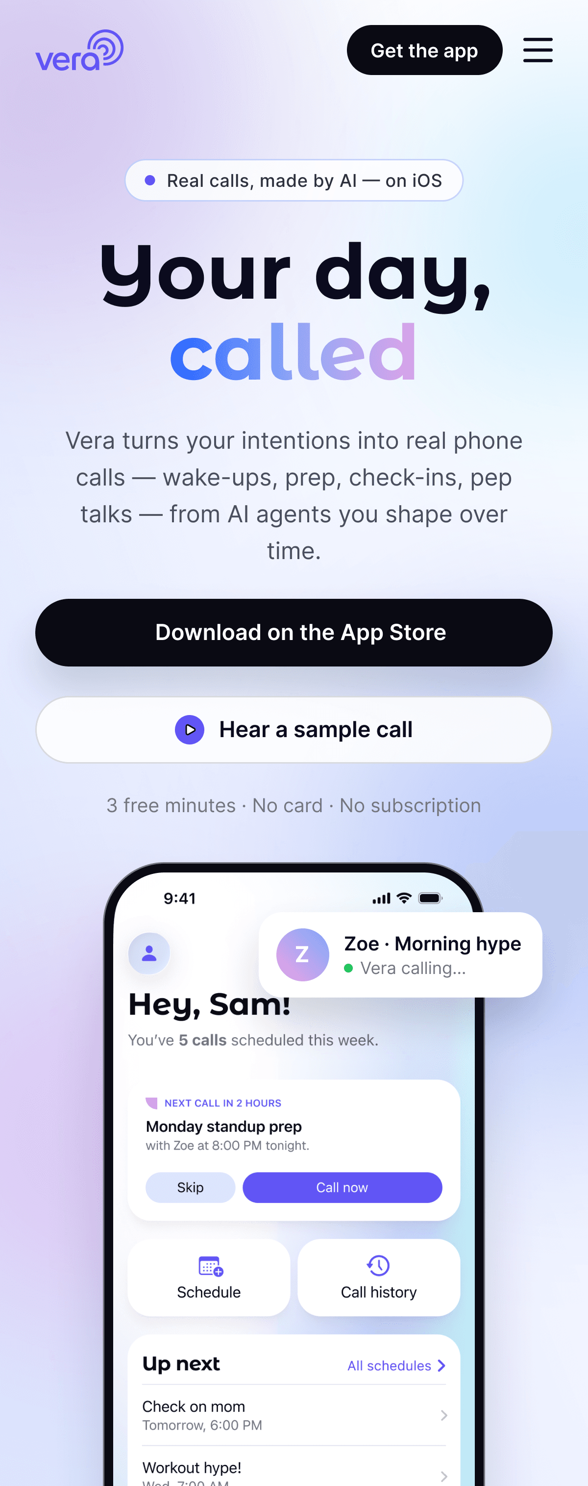 Vera mobile app home screen for scheduled AI phone calls
