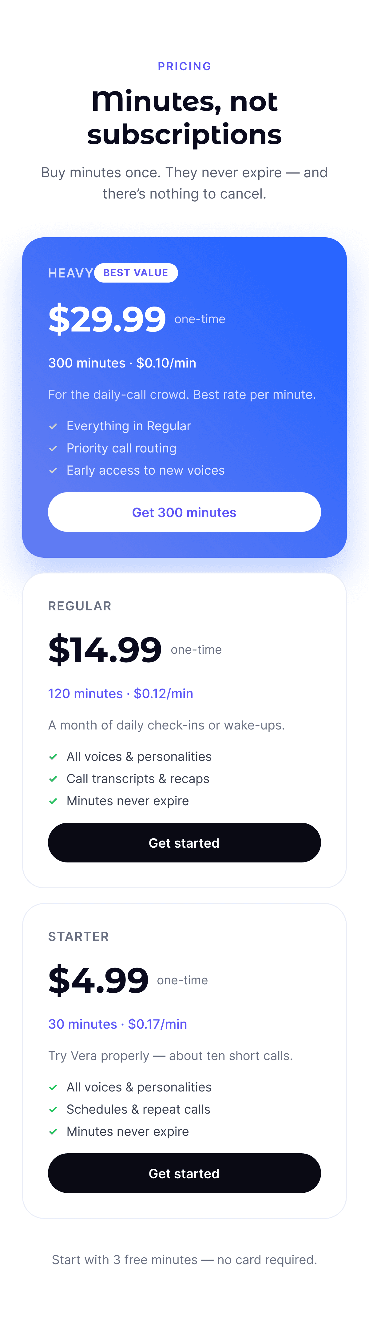 Vera mobile app pricing screen