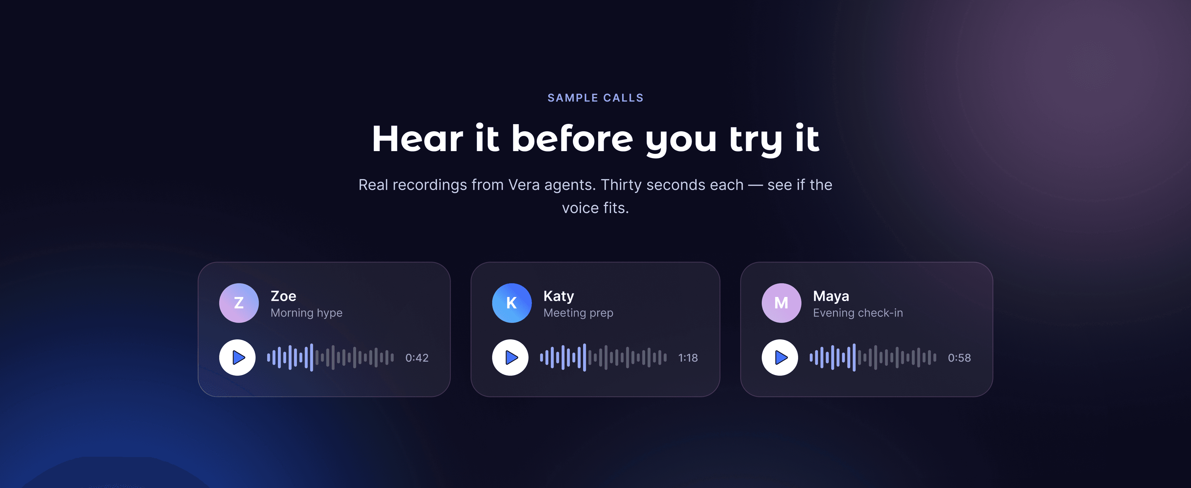 Vera app agent samples for choosing AI caller voices and personalities