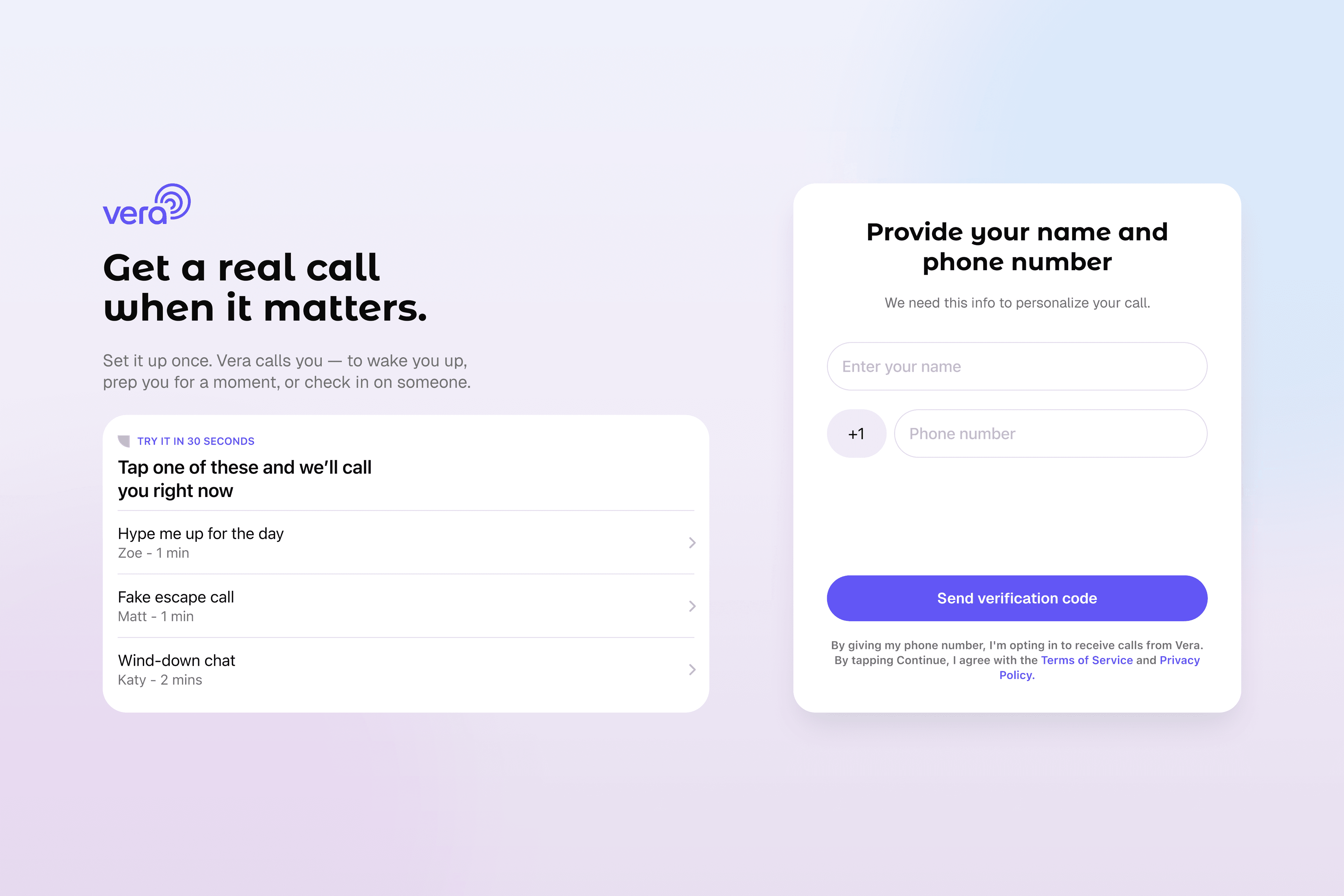 Vera web app create account screen for starting with Vera Caller